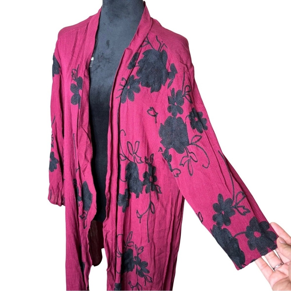Forgotten Grace Burgundy Embroidered Floral Kimono Duster Plus Size 1X Fall Boho